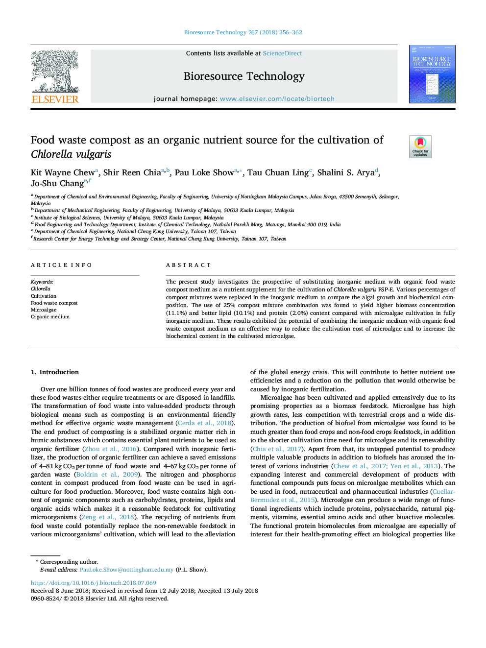 Food waste compost as an organic nutrient source for the cultivation of Chlorella vulgaris