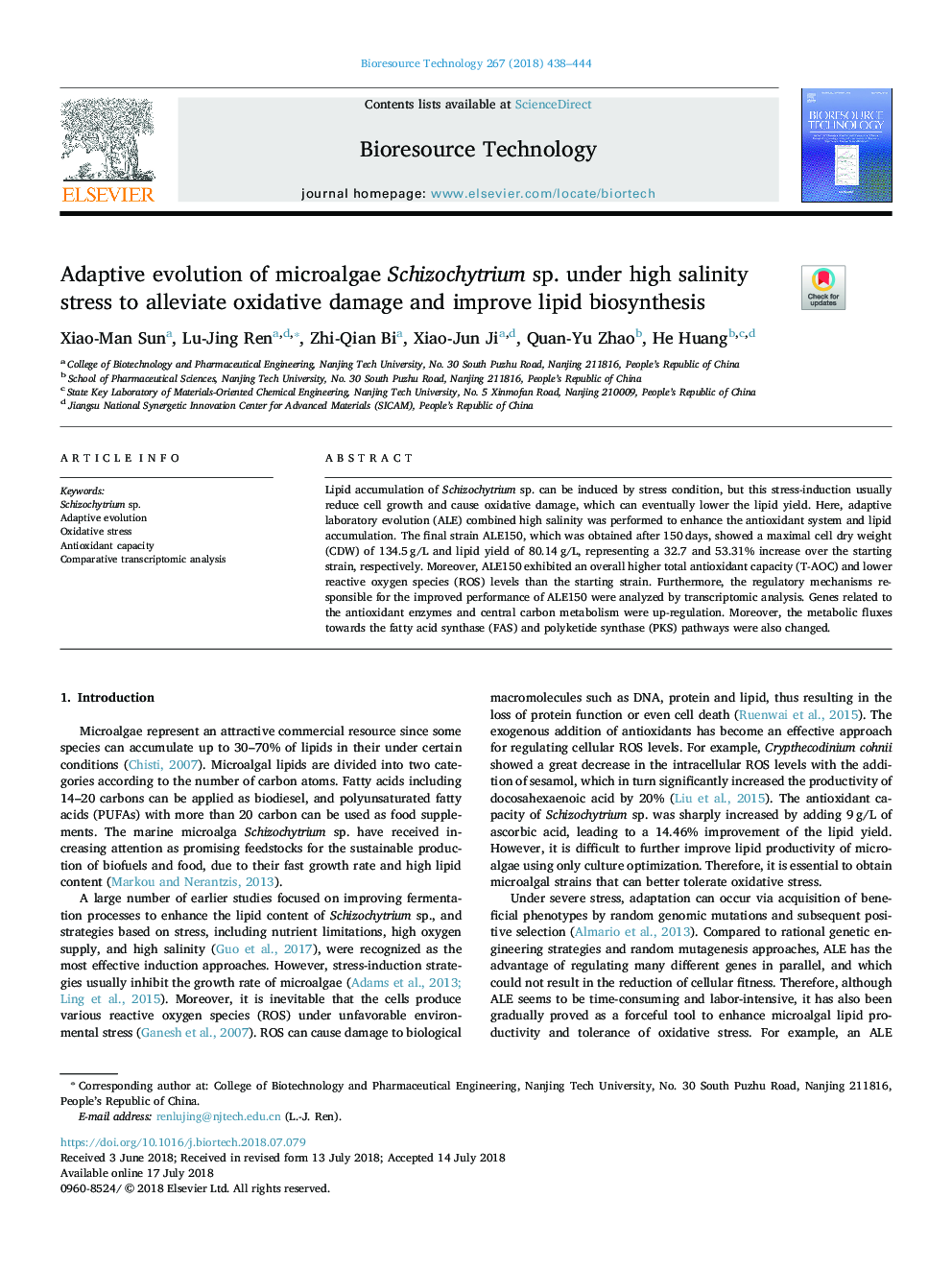 Adaptive evolution of microalgae Schizochytrium sp. under high salinity stress to alleviate oxidative damage and improve lipid biosynthesis