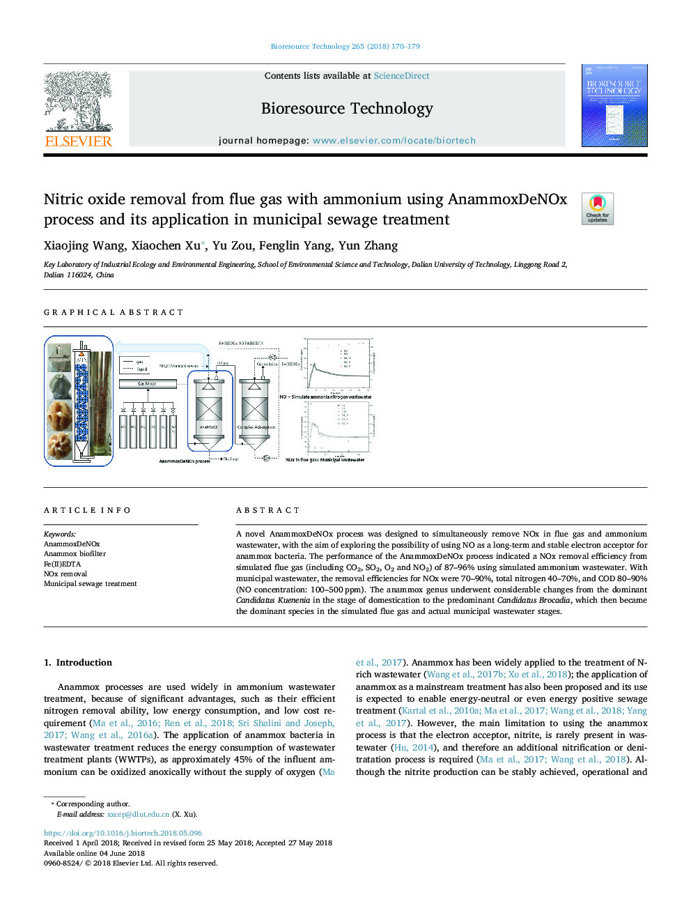 Nitric oxide removal from flue gas with ammonium using AnammoxDeNOx process and its application in municipal sewage treatment