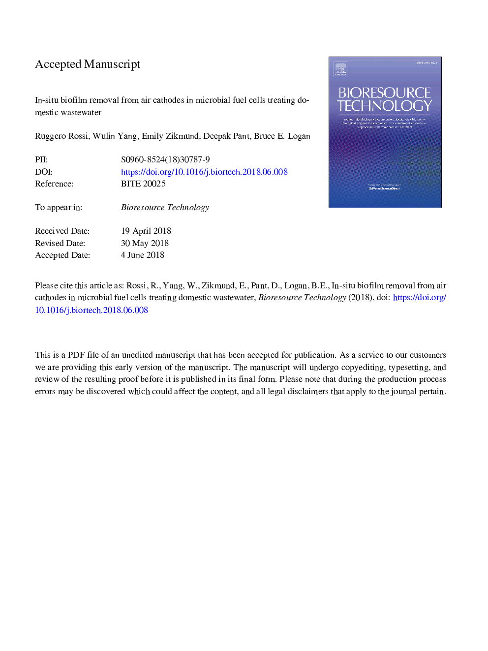 In situ biofilm removal from air cathodes in microbial fuel cells treating domestic wastewater