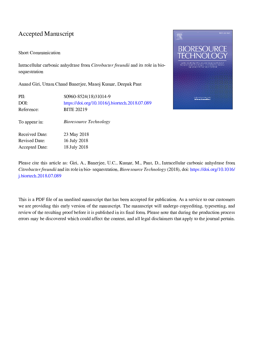 Intracellular carbonic anhydrase from Citrobacter freundii and its role in bio-sequestration