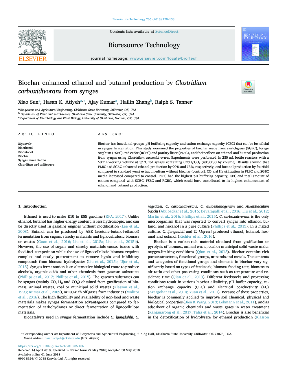 Biochar enhanced ethanol and butanol production by Clostridium carboxidivorans from syngas