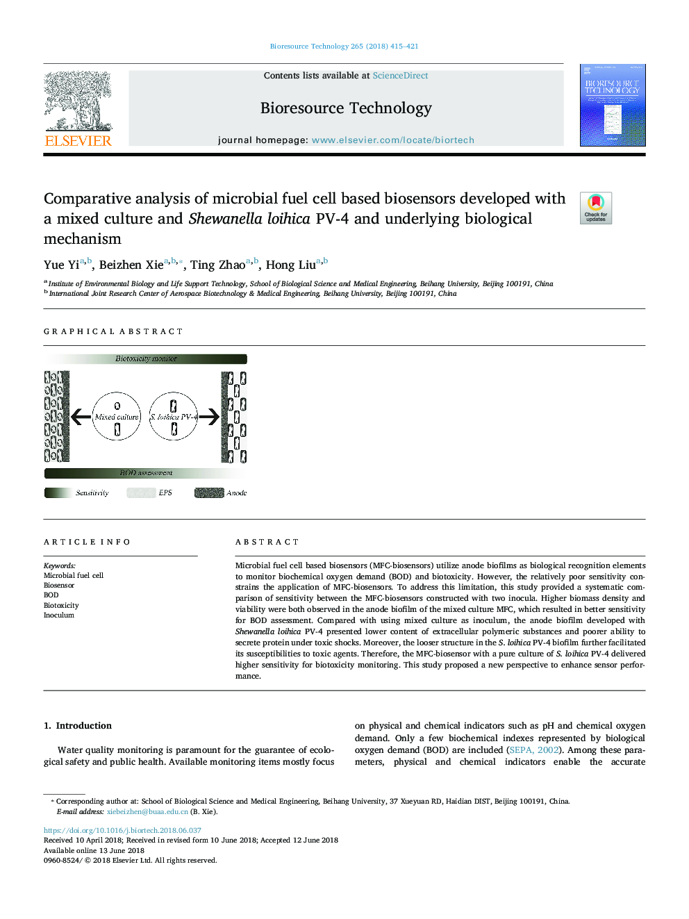 Comparative analysis of microbial fuel cell based biosensors developed with a mixed culture and Shewanella loihica PV-4 and underlying biological mechanism