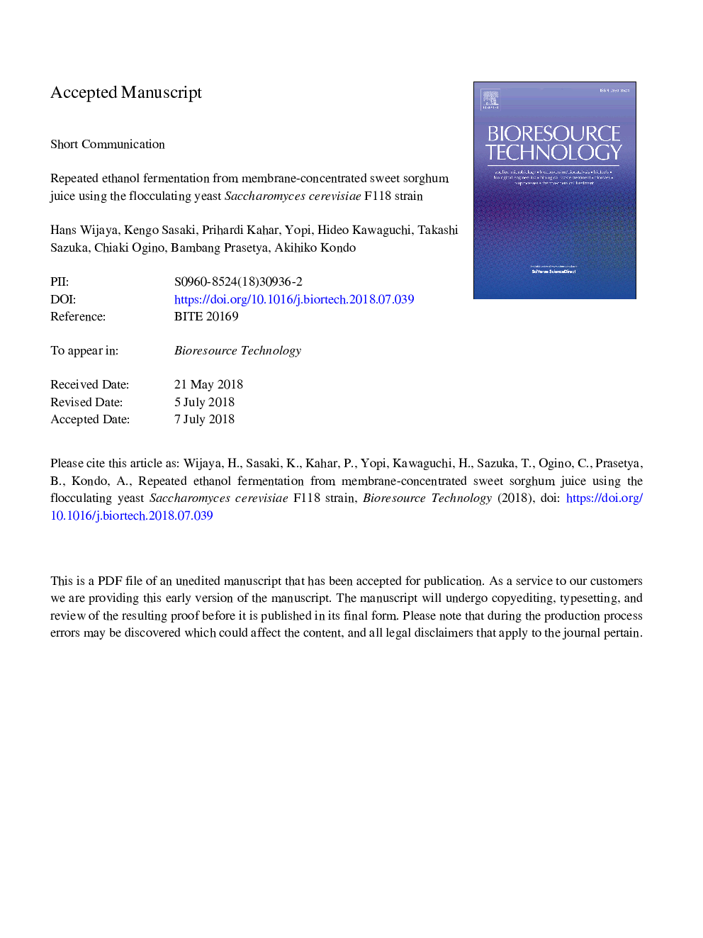 Repeated ethanol fermentation from membrane-concentrated sweet sorghum juice using the flocculating yeast Saccharomyces cerevisiae F118 strain