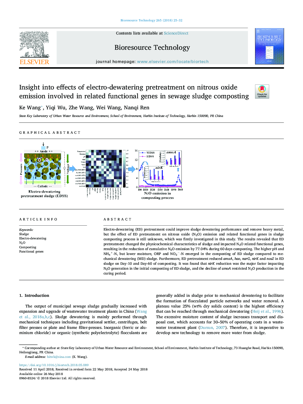 Insight into effects of electro-dewatering pretreatment on nitrous oxide emission involved in related functional genes in sewage sludge composting