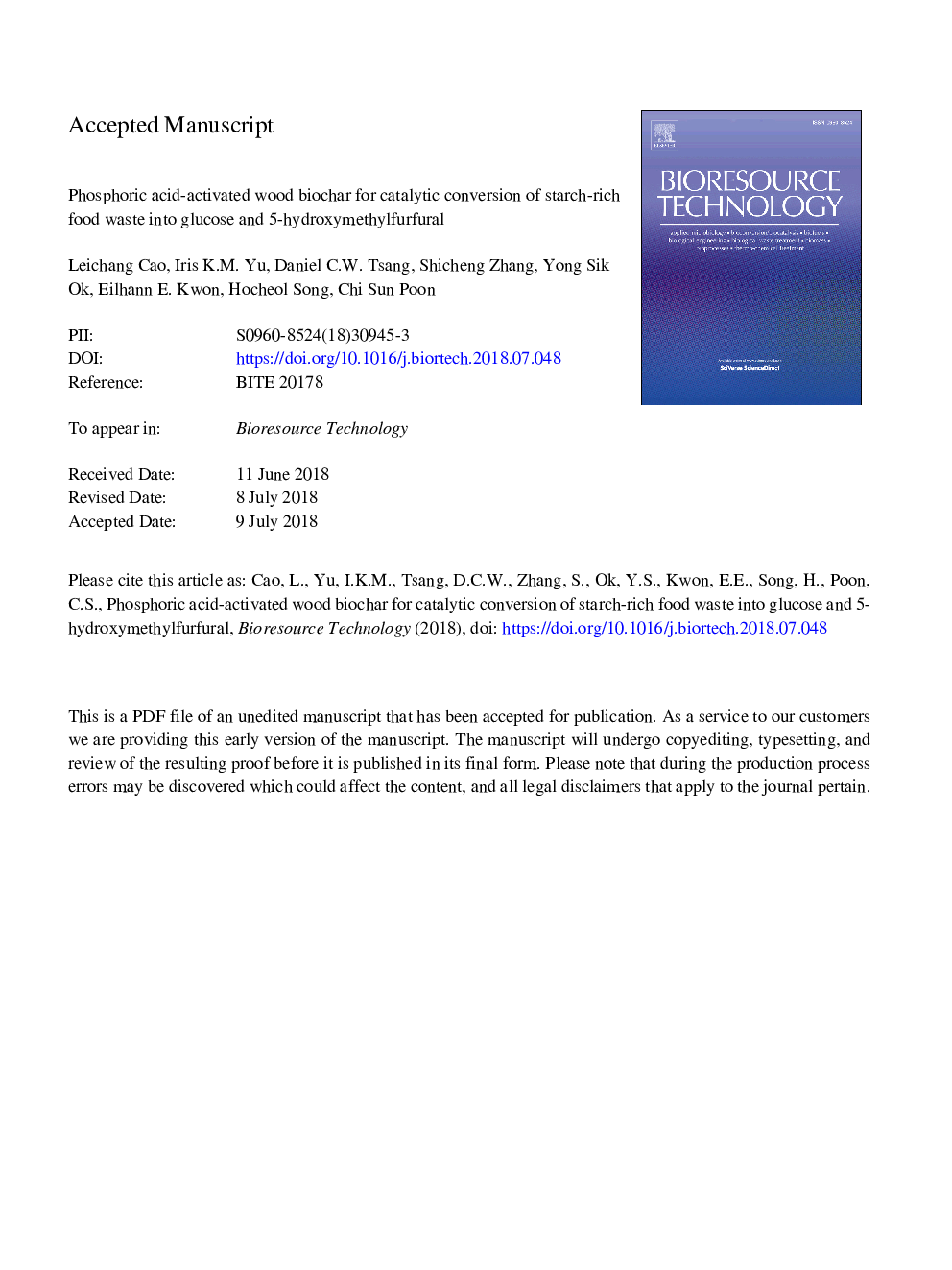 Phosphoric acid-activated wood biochar for catalytic conversion of starch-rich food waste into glucose and 5-hydroxymethylfurfural