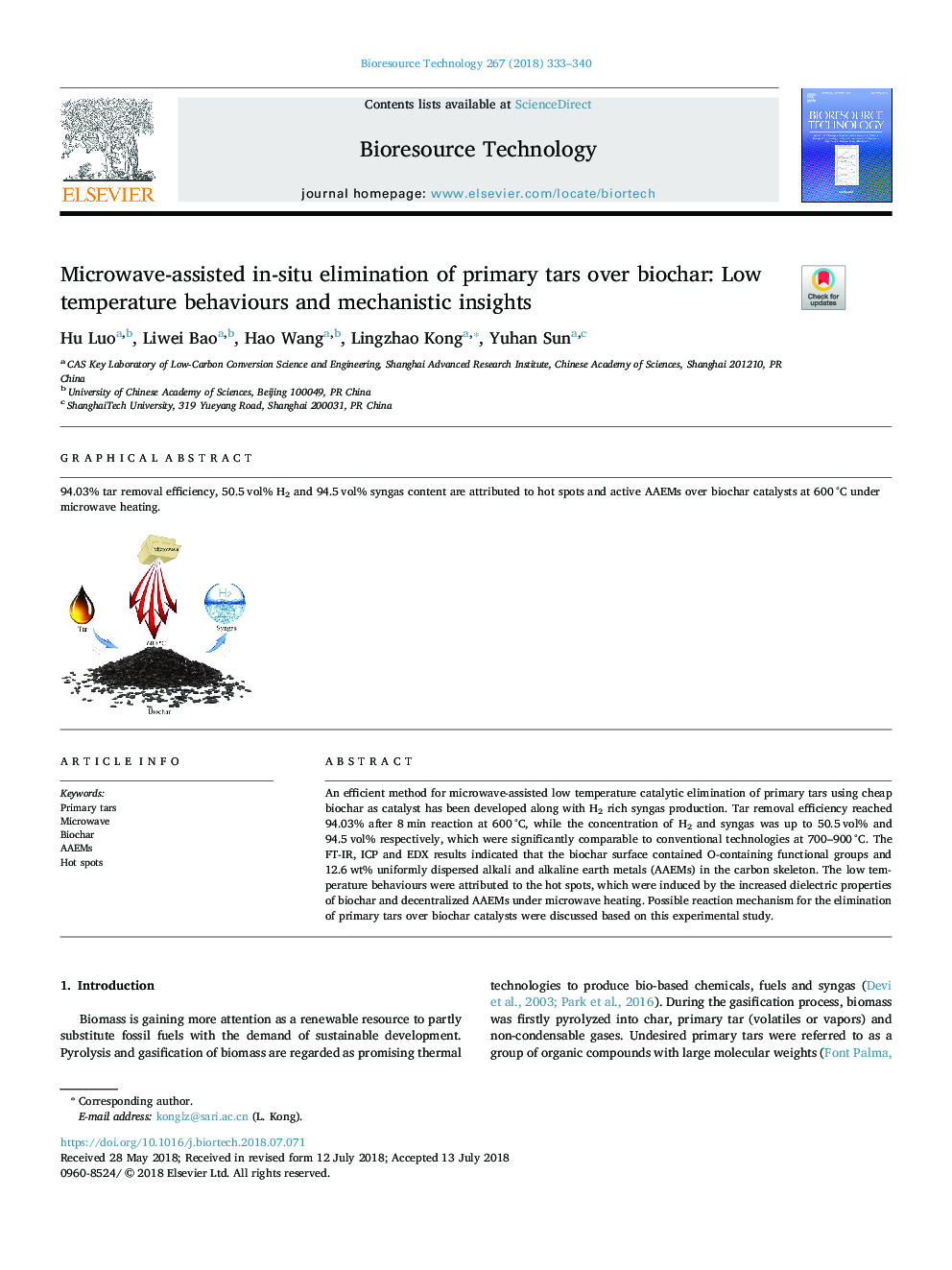 Microwave-assisted in-situ elimination of primary tars over biochar: Low temperature behaviours and mechanistic insights