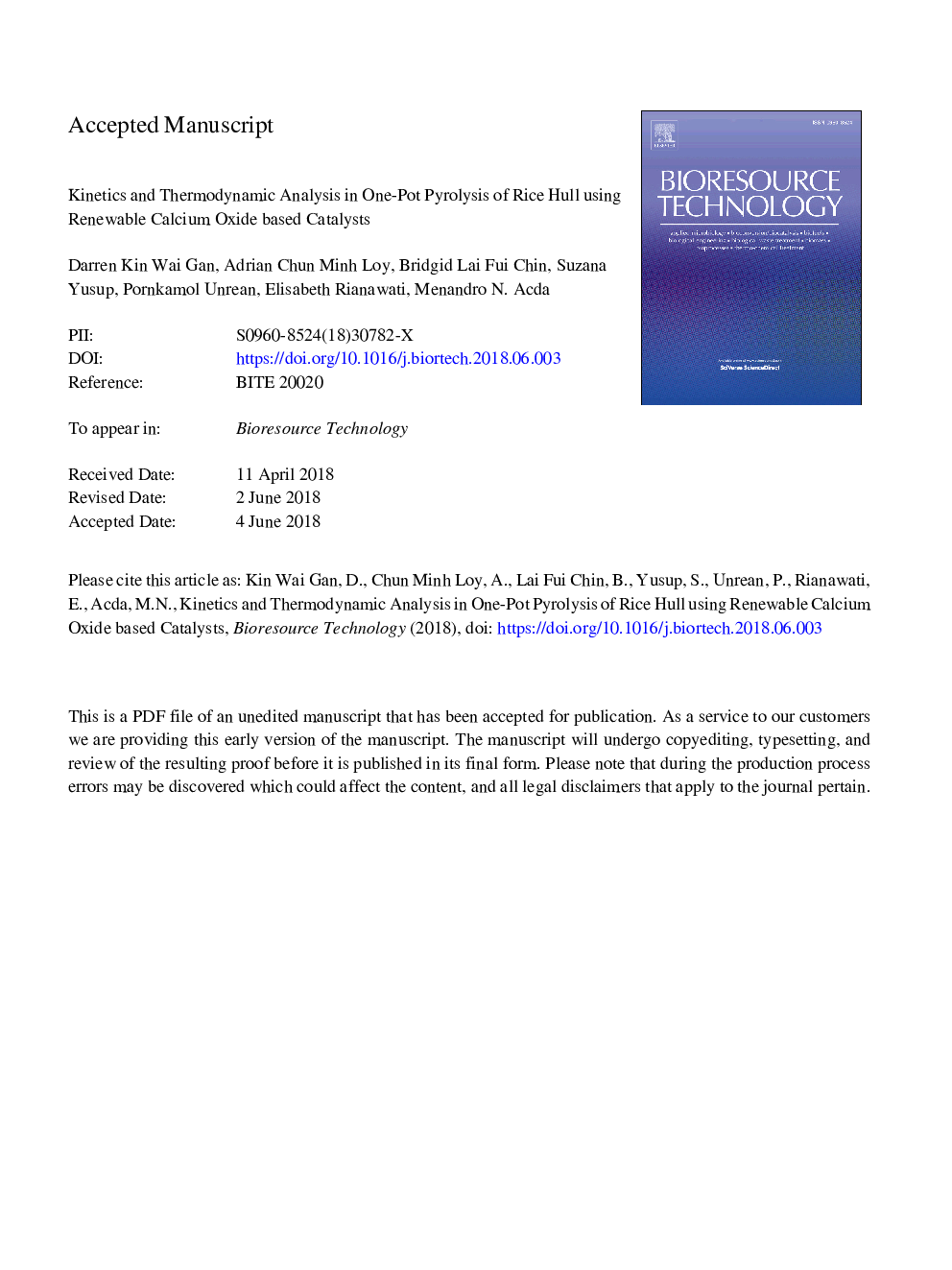 سینتیک و تجزیه و تحلیل ترمودینامیکی در یک پریولیزه یک گلدان برنج با استفاده از کاتالیزورهای مبتنی بر اکسید کلسیم تجدید پذیر 