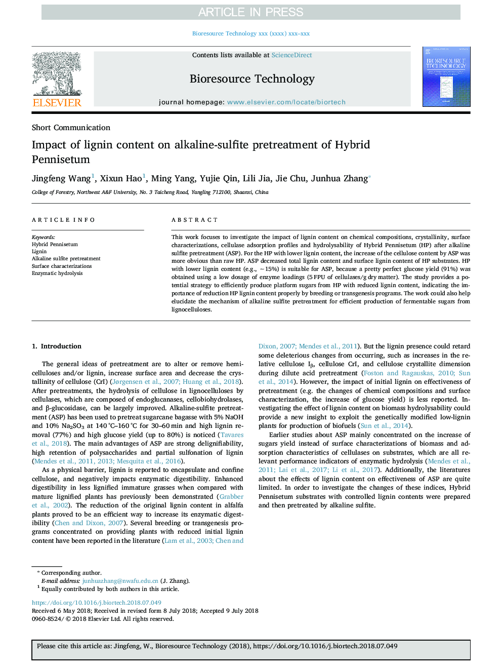 Impact of lignin content on alkaline-sulfite pretreatment of Hybrid Pennisetum