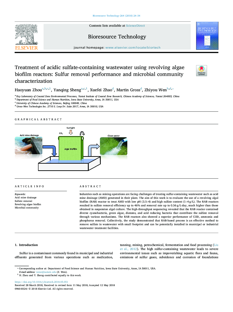 Treatment of acidic sulfate-containing wastewater using revolving algae biofilm reactors: Sulfur removal performance and microbial community characterization
