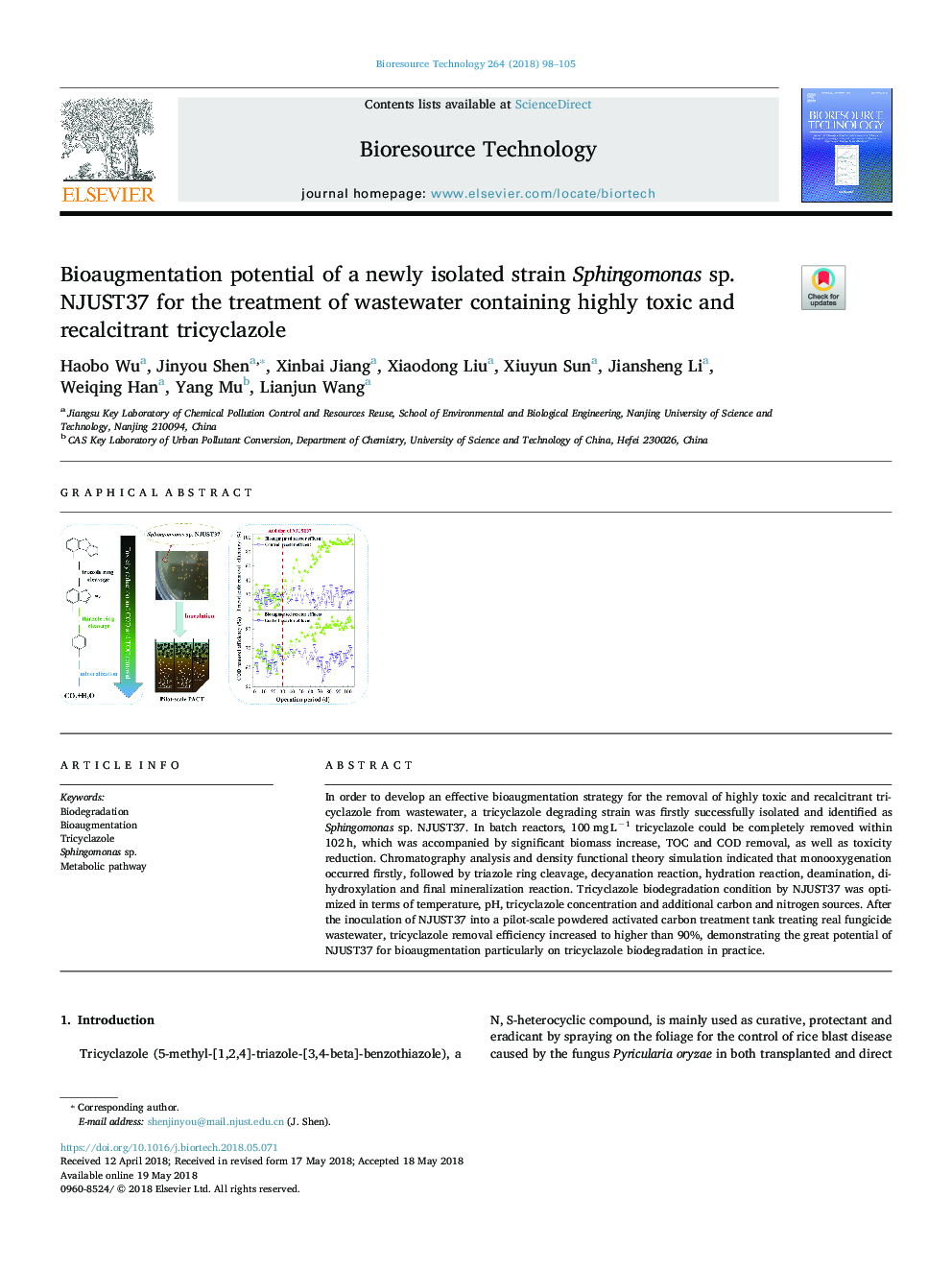 Bioaugmentation potential of a newly isolated strain Sphingomonas sp. NJUST37 for the treatment of wastewater containing highly toxic and recalcitrant tricyclazole