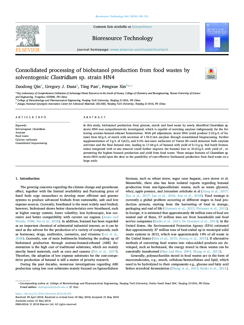 Consolidated processing of biobutanol production from food wastes by solventogenic Clostridium sp. strain HN4