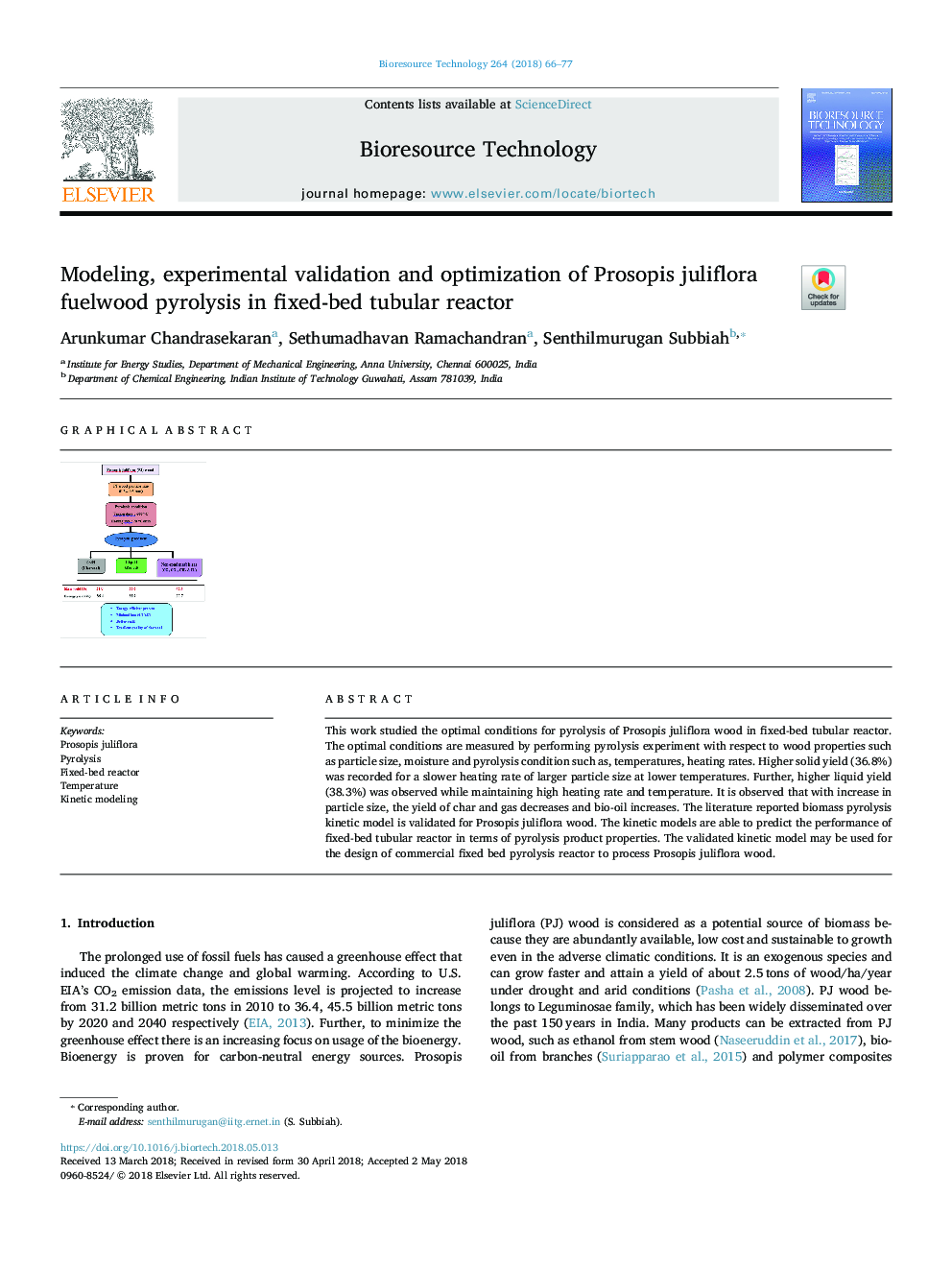 Modeling, experimental validation and optimization of Prosopis juliflora fuelwood pyrolysis in fixed-bed tubular reactor