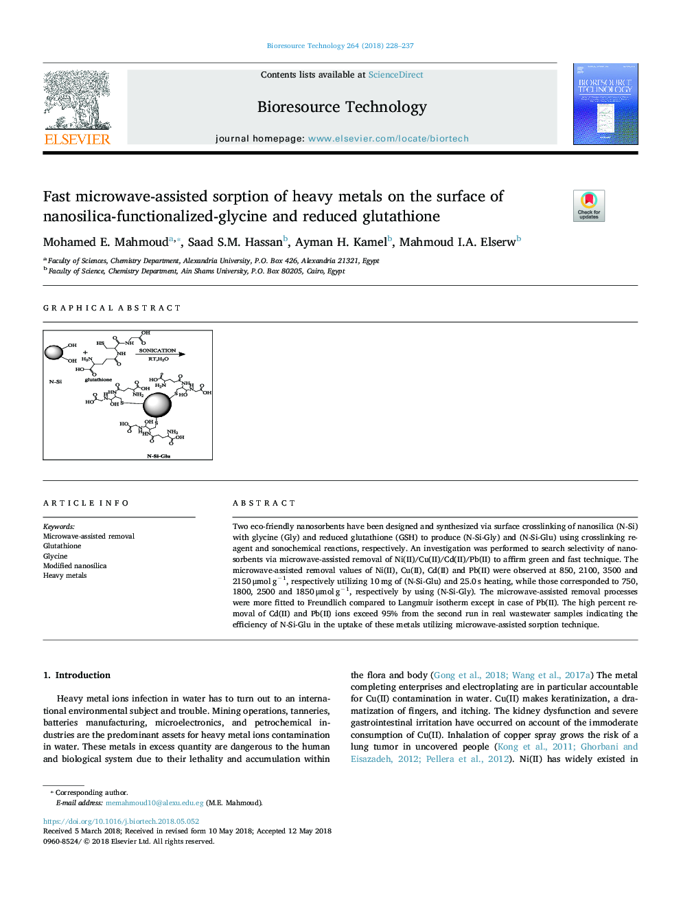 Fast microwave-assisted sorption of heavy metals on the surface of nanosilica-functionalized-glycine and reduced glutathione