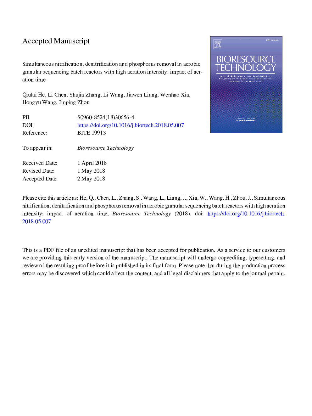 عکس صفحه اول مقاله: Simultaneous nitrification, denitrification and phosphorus removal in aerobic granular sequencing batch reactors with high aeration intensity: Impact of aeration time Simultaneous nitrification, denitrification and phosphorus removal in aerobic granular sequencing batch reactors with high aeration intensity: Impact of aeration time
