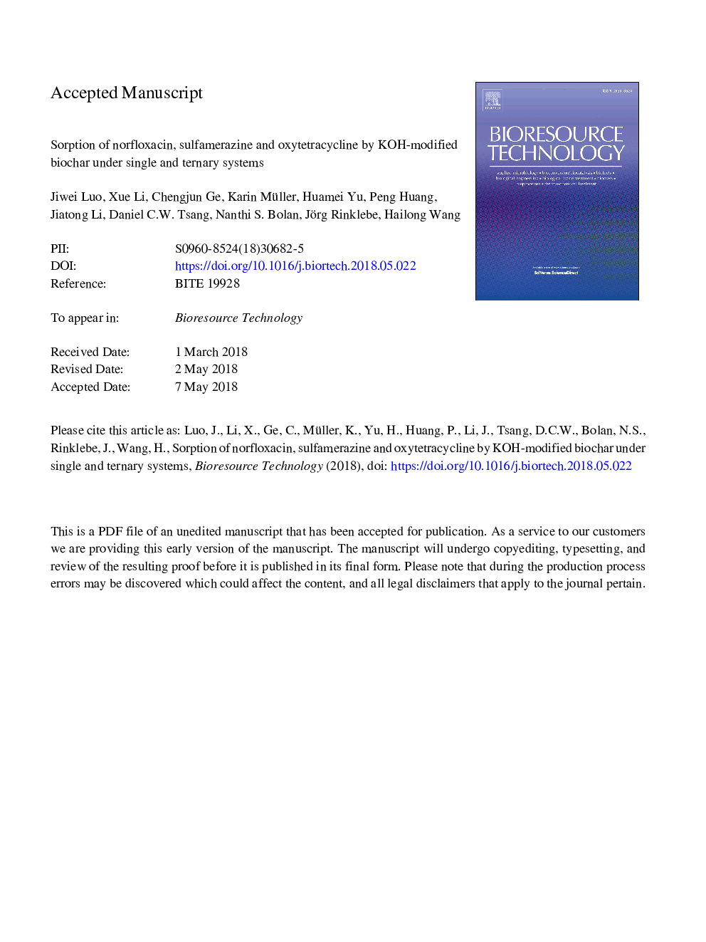 Sorption of norfloxacin, sulfamerazine and oxytetracycline by KOH-modified biochar under single and ternary systems