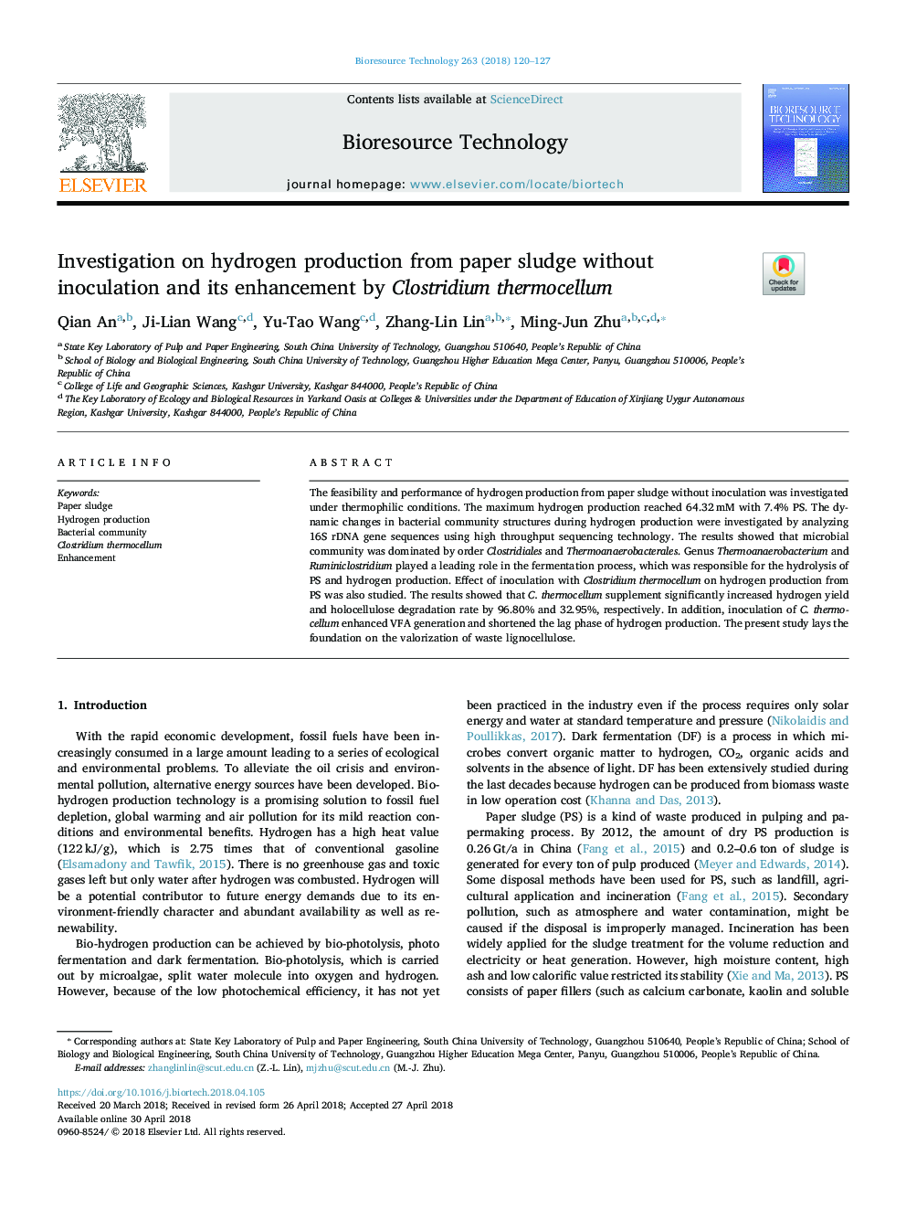 Investigation on hydrogen production from paper sludge without inoculation and its enhancement by Clostridium thermocellum