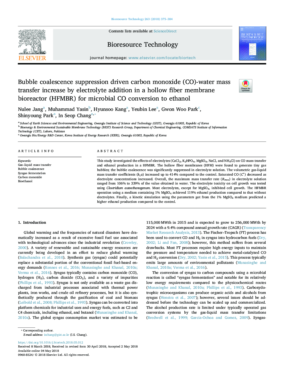 Bubble coalescence suppression driven carbon monoxide (CO)-water mass transfer increase by electrolyte addition in a hollow fiber membrane bioreactor (HFMBR) for microbial CO conversion to ethanol