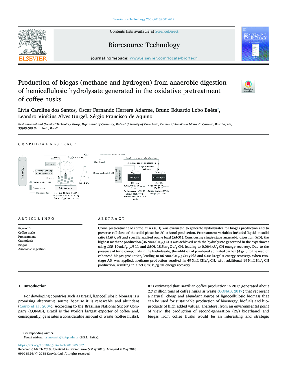 Production of biogas (methane and hydrogen) from anaerobic digestion of hemicellulosic hydrolysate generated in the oxidative pretreatment of coffee husks