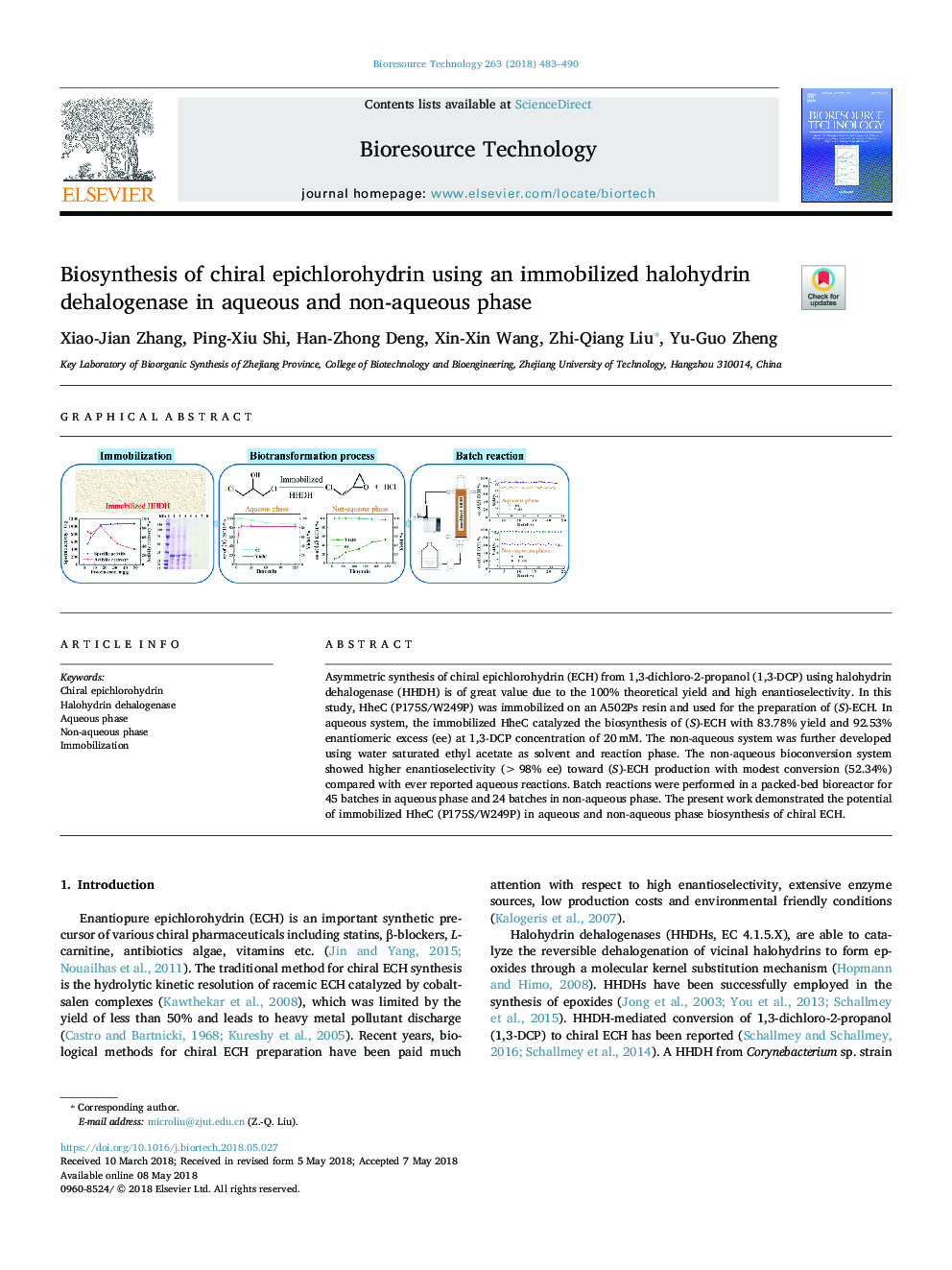 Biosynthesis of chiral epichlorohydrin using an immobilized halohydrin dehalogenase in aqueous and non-aqueous phase