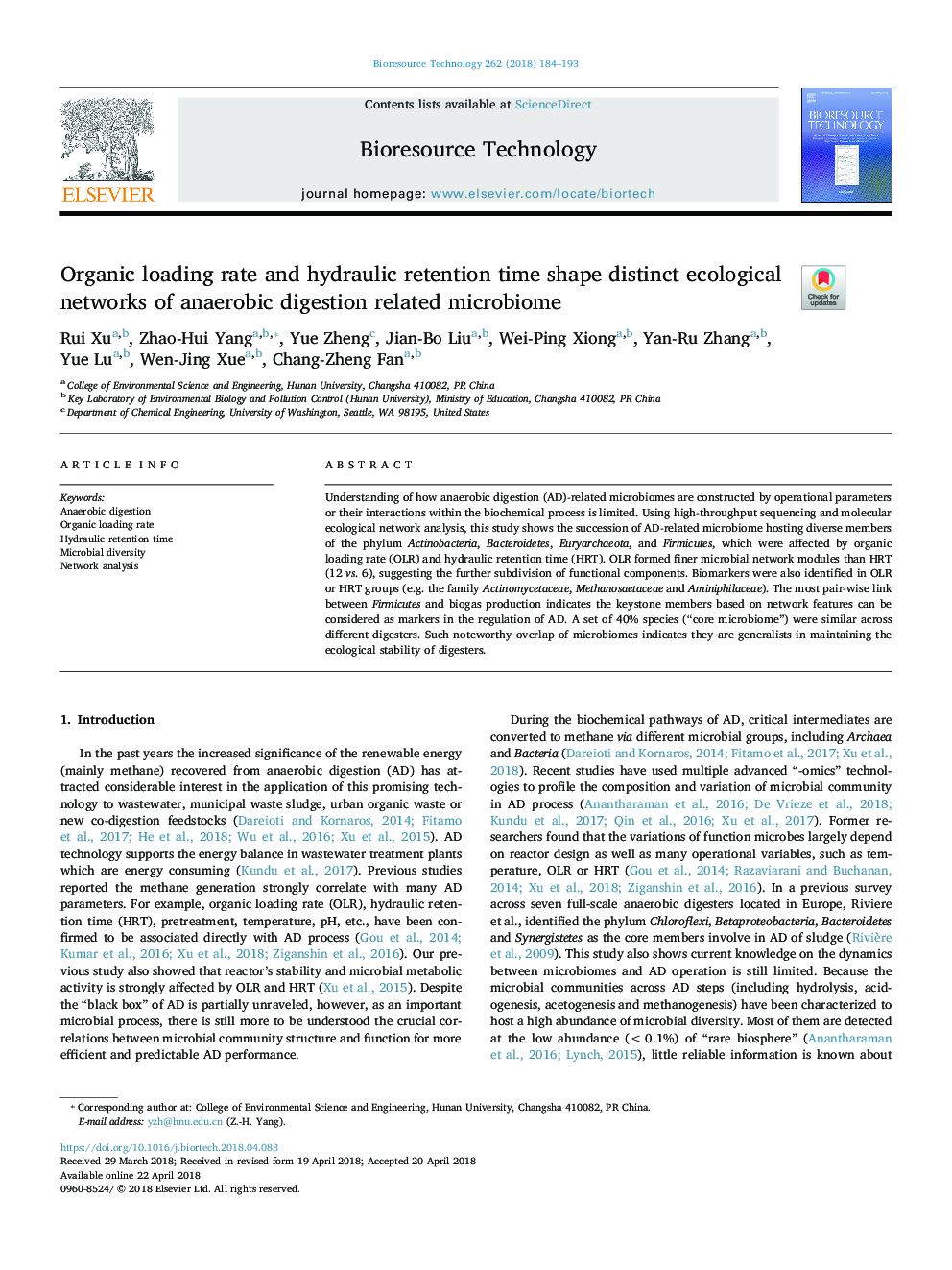 Organic loading rate and hydraulic retention time shape distinct ecological networks of anaerobic digestion related microbiome