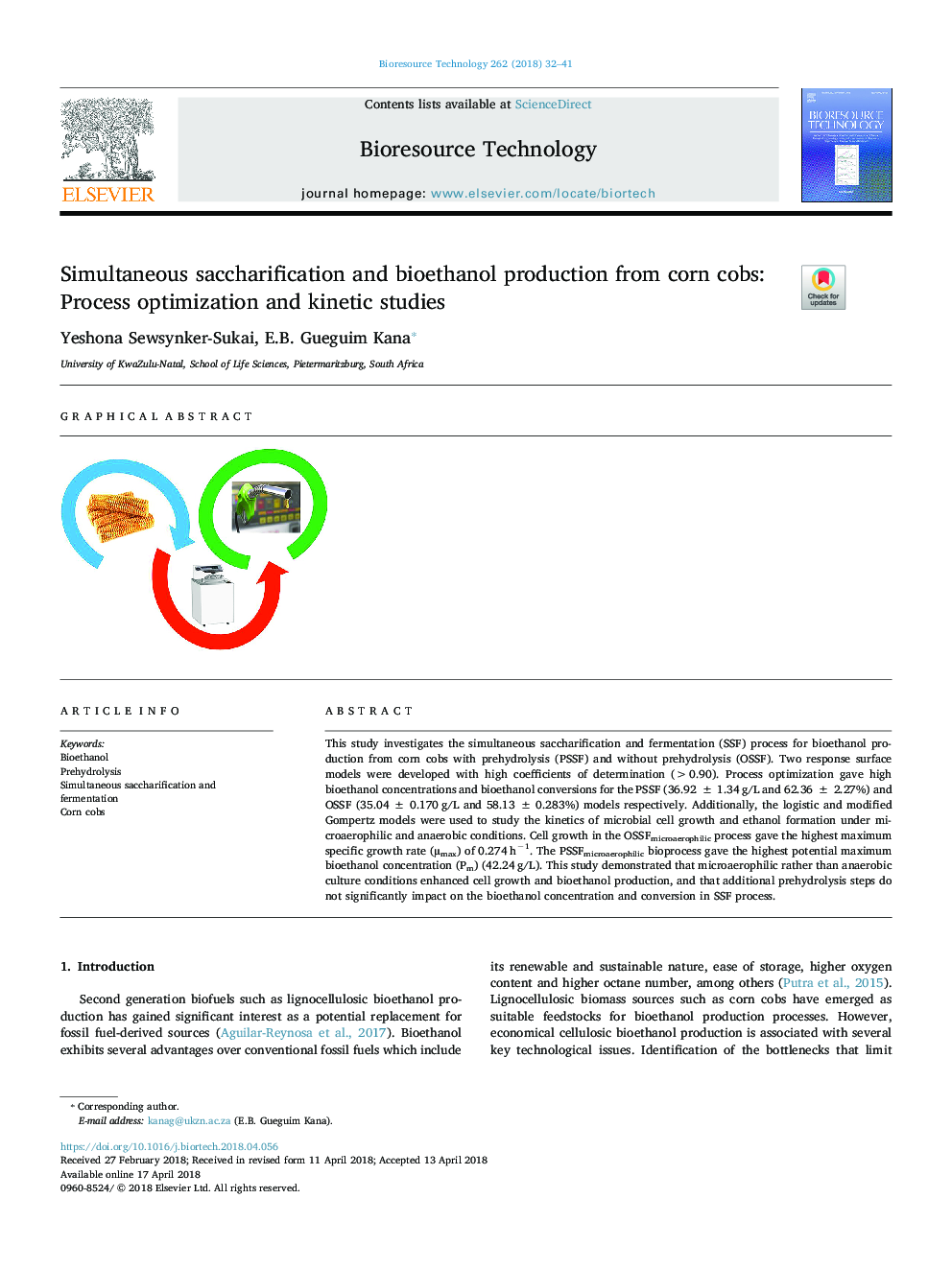 Simultaneous saccharification and bioethanol production from corn cobs: Process optimization and kinetic studies