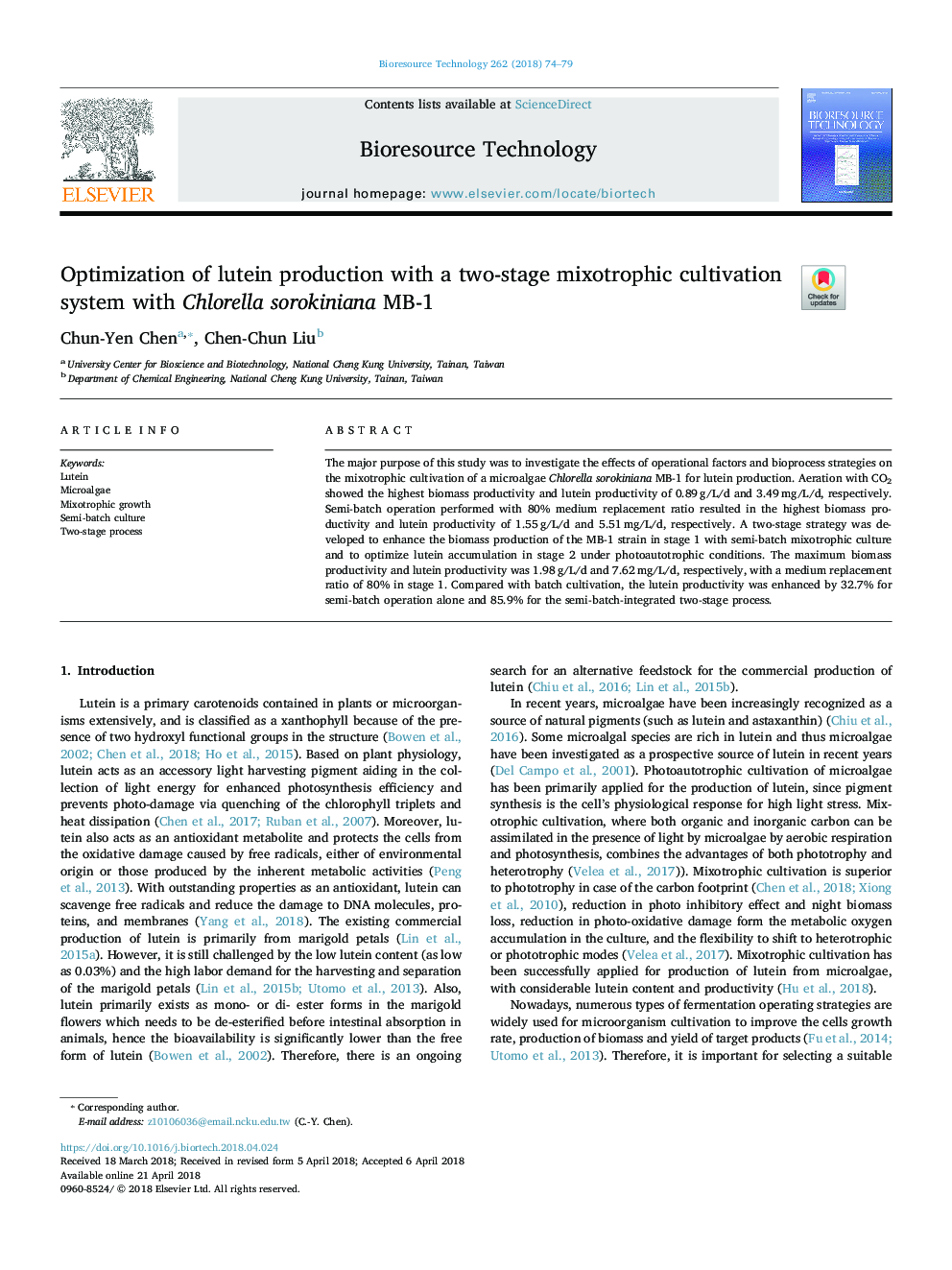 Optimization of lutein production with a two-stage mixotrophic cultivation system with Chlorella sorokiniana MB-1