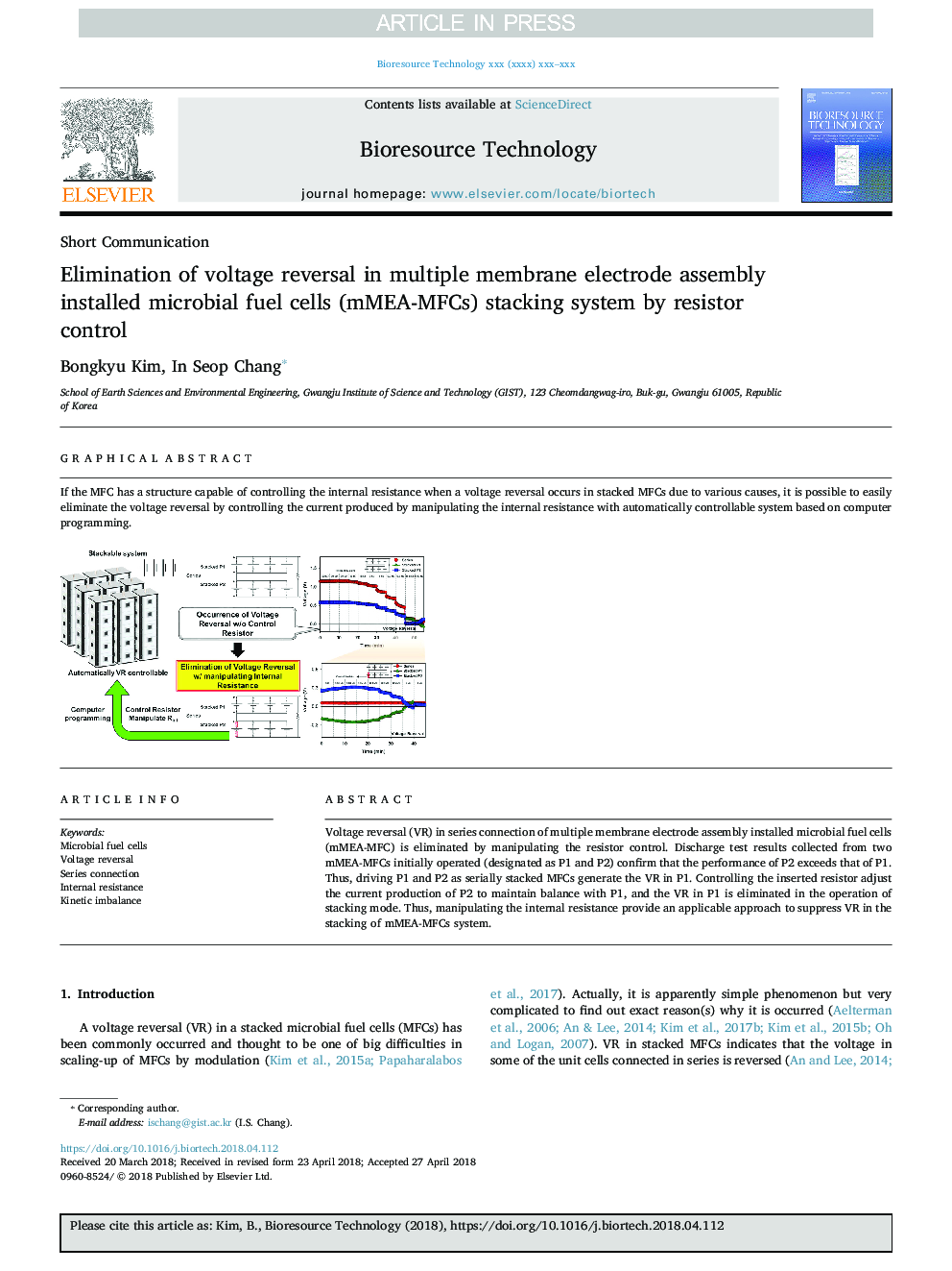 Elimination of voltage reversal in multiple membrane electrode assembly installed microbial fuel cells (mMEA-MFCs) stacking system by resistor control