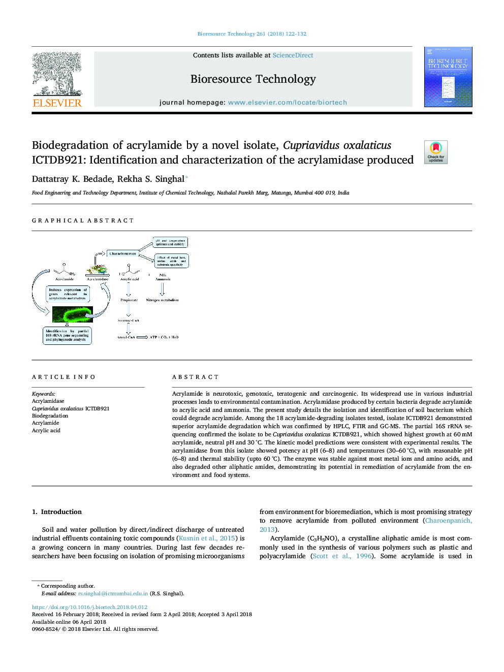 Biodegradation of acrylamide by a novel isolate, Cupriavidus oxalaticus ICTDB921: Identification and characterization of the acrylamidase produced