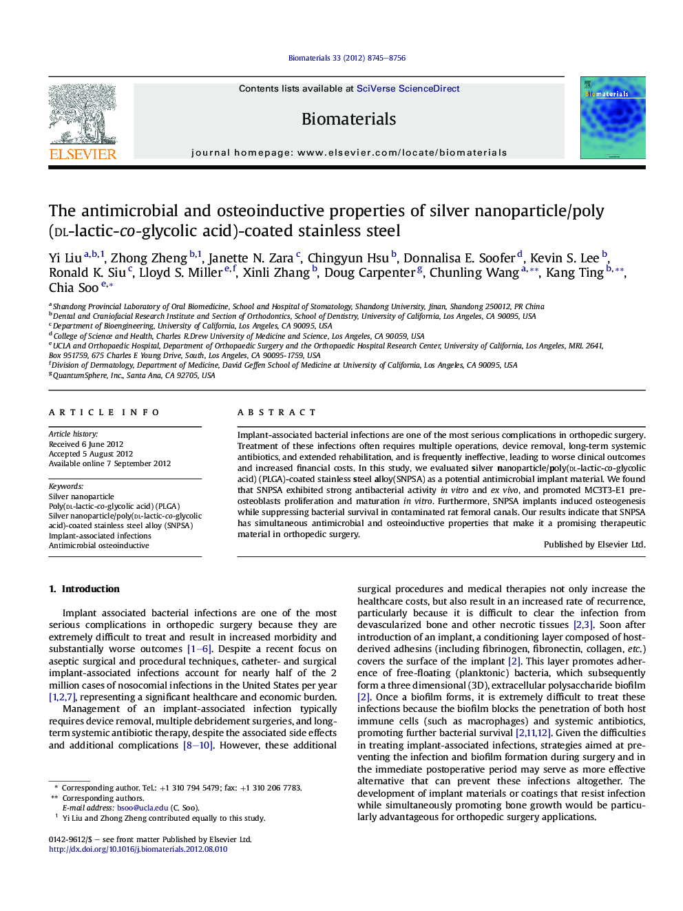 The antimicrobial and osteoinductive properties of silver nanoparticle/poly (dl-lactic-co-glycolic acid)-coated stainless steel