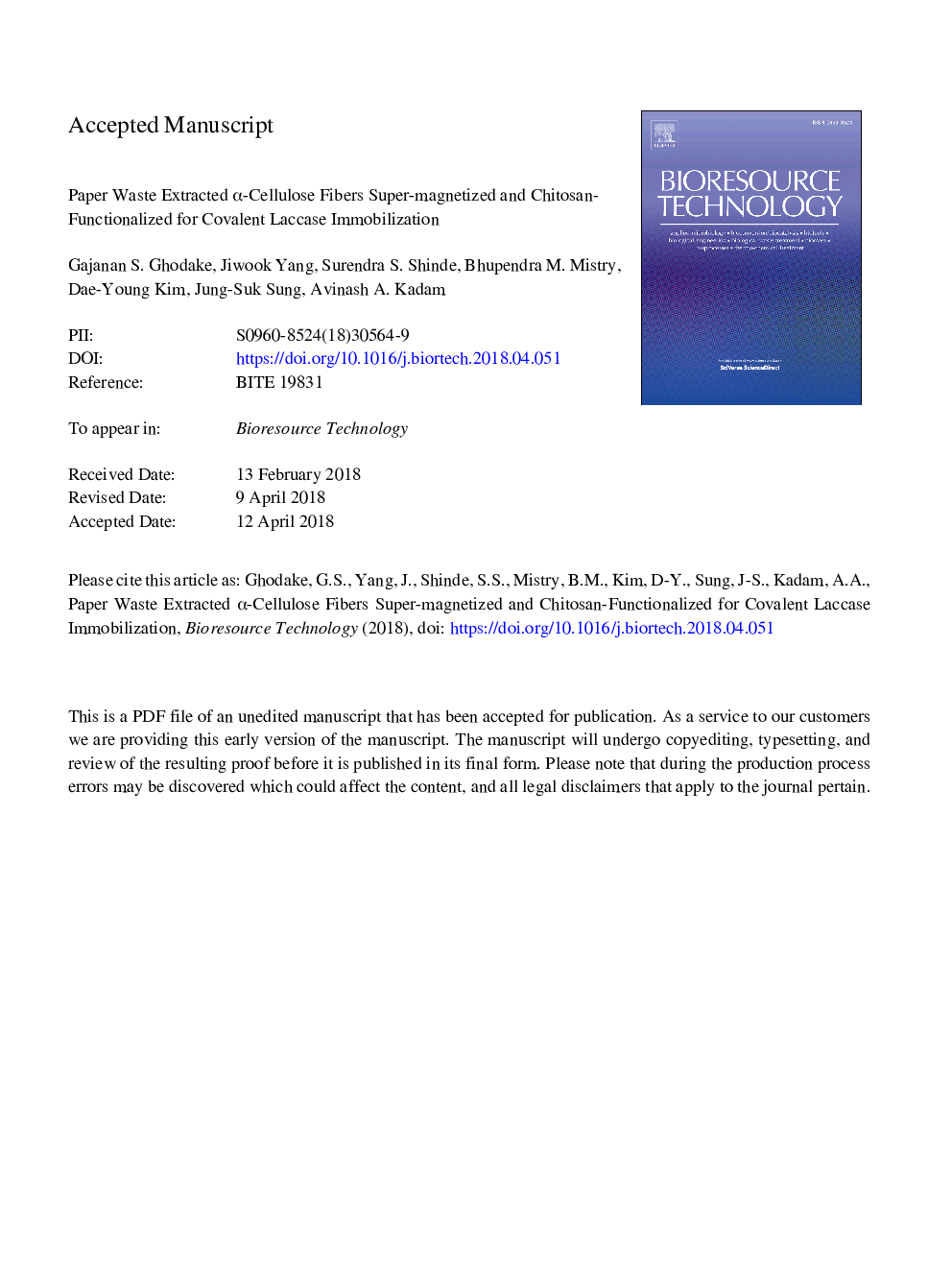 Paper waste extracted Î±-cellulose fibers super-magnetized and chitosan-functionalized for covalent laccase immobilization