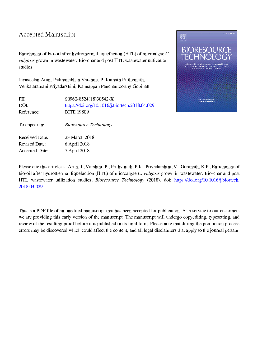 عکس صفحه اول مقاله: Enrichment of bio-oil after hydrothermal liquefaction (HTL) of microalgae C. vulgaris grown in wastewater: Bio-char and post HTL wastewater utilization studies Enrichment of bio-oil after hydrothermal liquefaction (HTL) of microalgae C. vulgaris grown in wastewater: Bio-char and post HTL wastewater utilization studies