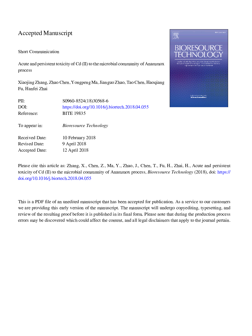 Acute and persistent toxicity of Cd(II) to the microbial community of Anammox process