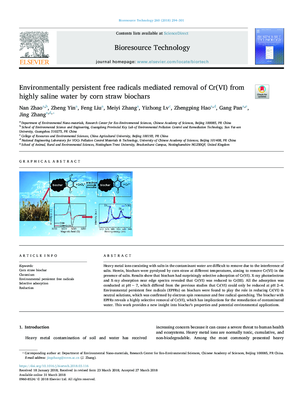 عکس صفحه اول مقاله: Environmentally persistent free radicals mediated removal of Cr(VI) from highly saline water by corn straw biochars Environmentally persistent free radicals mediated removal of Cr(VI) from highly saline water by corn straw biochars