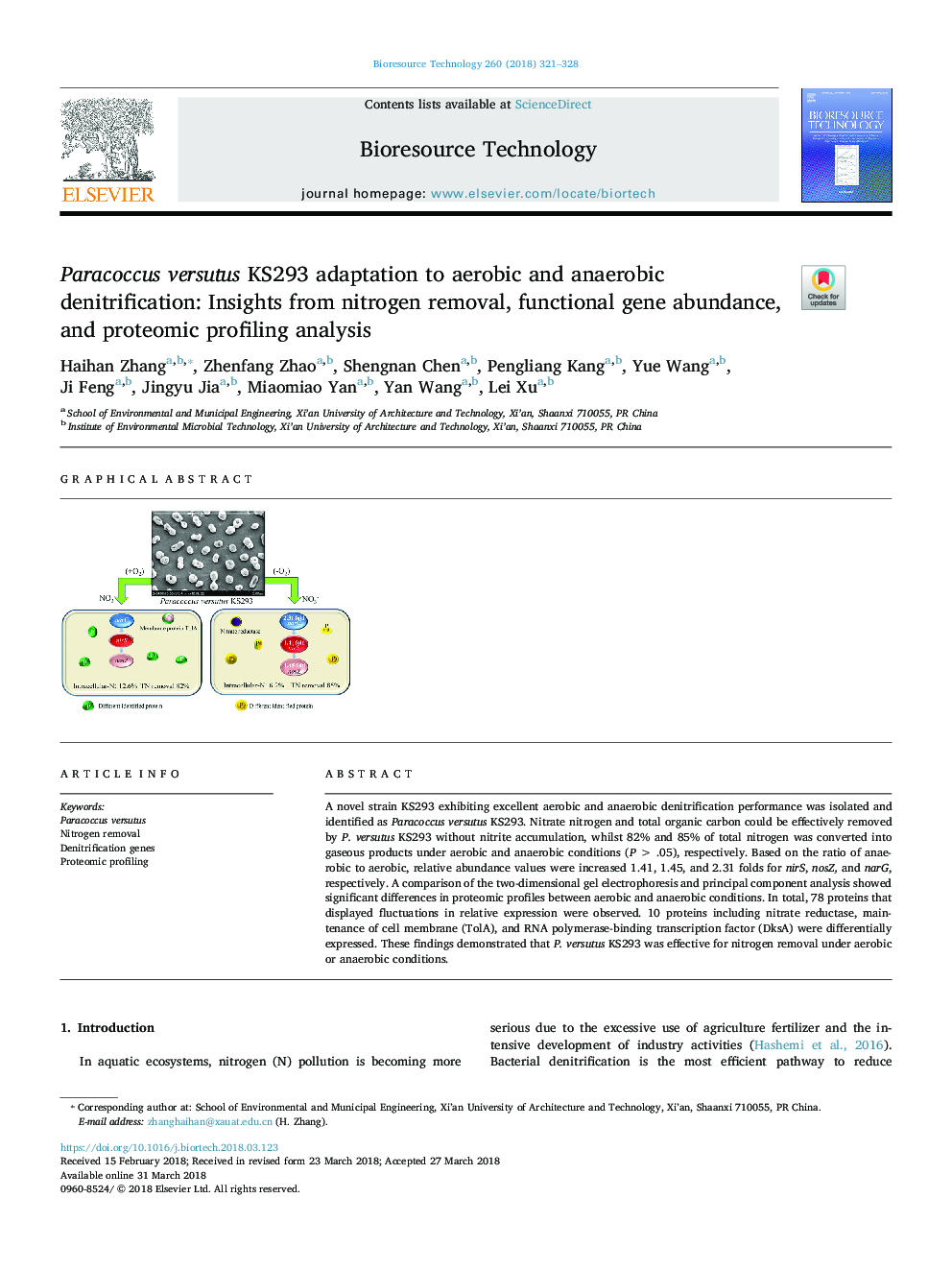 Paracoccus versutus KS293 adaptation to aerobic and anaerobic denitrification: Insights from nitrogen removal, functional gene abundance, and proteomic profiling analysis