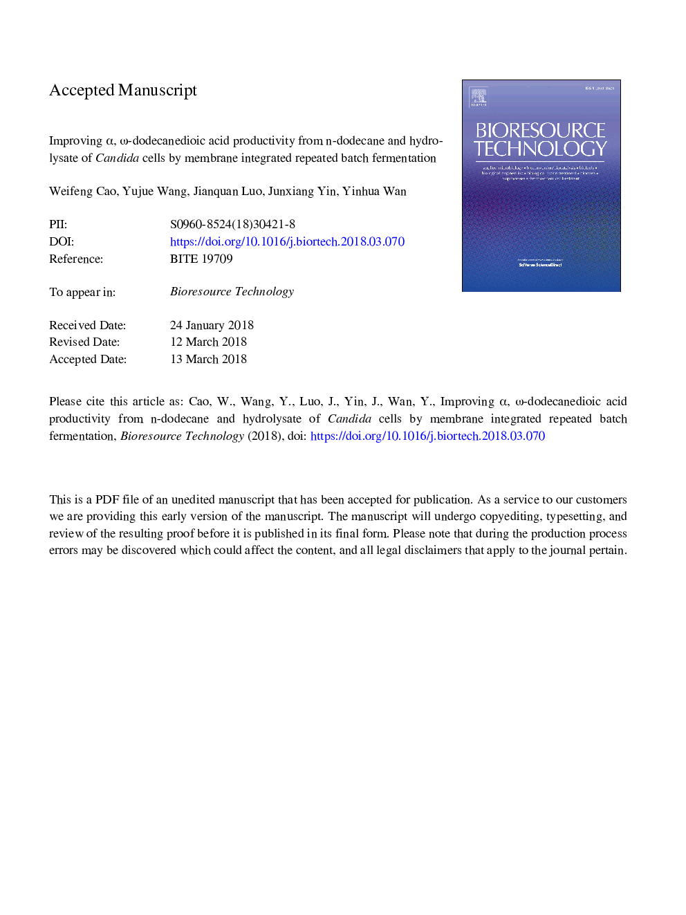 Improving I I Dodecanedioic Acid Productivity From N Dodecane And Hydrolysate Of Candida Cells