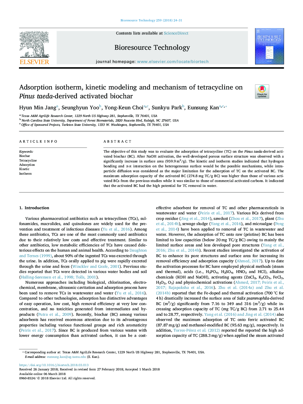 Adsorption isotherm, kinetic modeling and mechanism of tetracycline on Pinus taeda-derived activated biochar