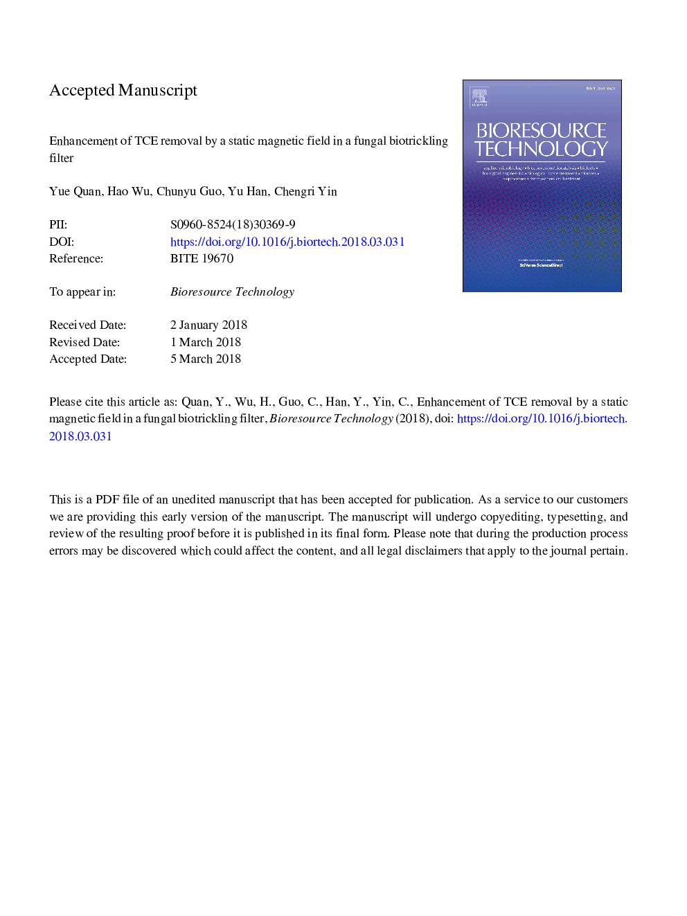 عکس صفحه اول مقاله: Enhancement of TCE removal by a static magnetic field in a fungal biotrickling filter Enhancement of TCE removal by a static magnetic field in a fungal biotrickling filter