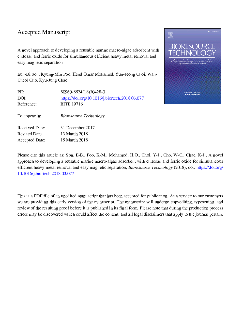 A novel approach to developing a reusable marine macro-algae adsorbent with chitosan and ferric oxide for simultaneous efficient heavy metal removal and easy magnetic separation