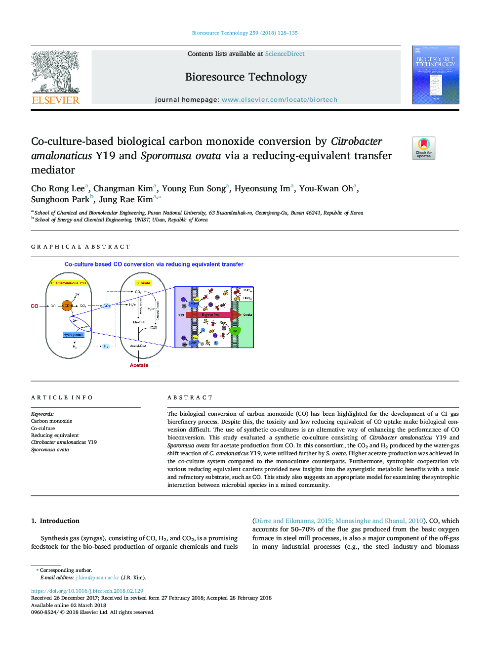 Co-culture-based biological carbon monoxide conversion by Citrobacter amalonaticus Y19 and Sporomusa ovata via a reducing-equivalent transfer mediator