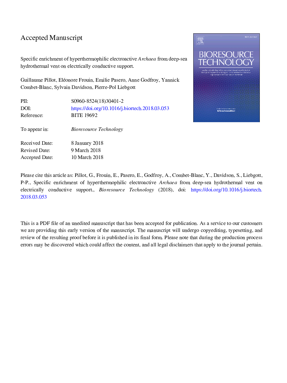 عکس صفحه اول مقاله: Specific enrichment of hyperthermophilic electroactive Archaea from deep-sea hydrothermal vent on electrically conductive support Specific enrichment of hyperthermophilic electroactive Archaea from deep-sea hydrothermal vent on electrically conductive support