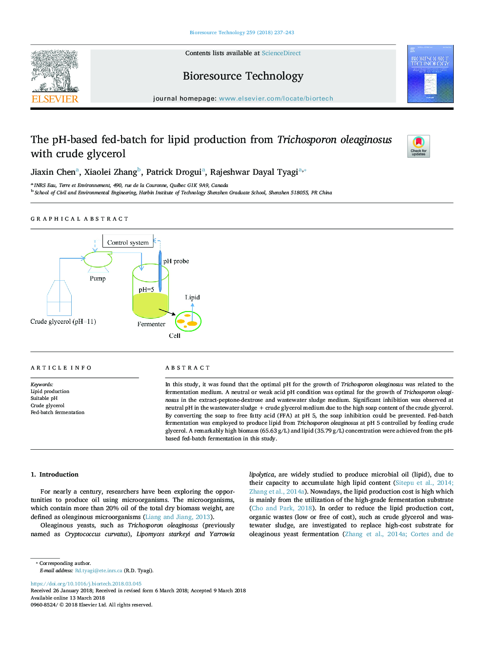 The pH-based fed-batch for lipid production from Trichosporon oleaginosus with crude glycerol