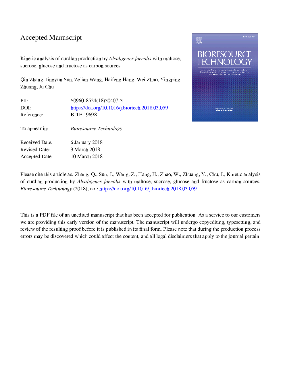 Kinetic analysis of curdlan production by Alcaligenes faecalis with maltose, sucrose, glucose and fructose as carbon sources