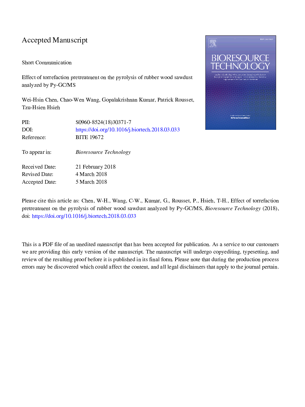 Effect of torrefaction pretreatment on the pyrolysis of rubber wood sawdust analyzed by Py-GC/MS