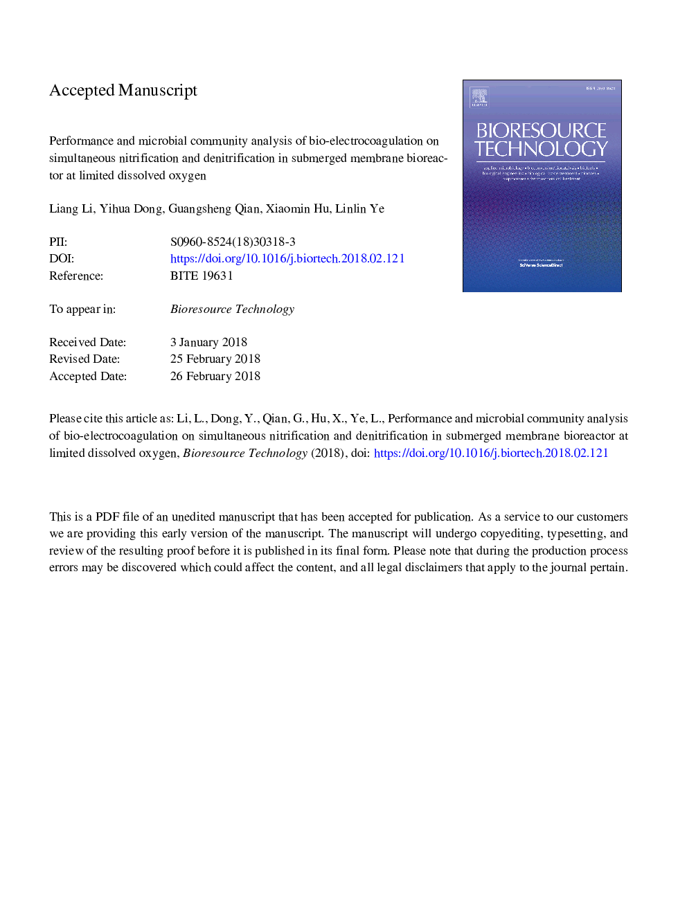 Performance and microbial community analysis of bio-electrocoagulation on simultaneous nitrification and denitrification in submerged membrane bioreactor at limited dissolved oxygen