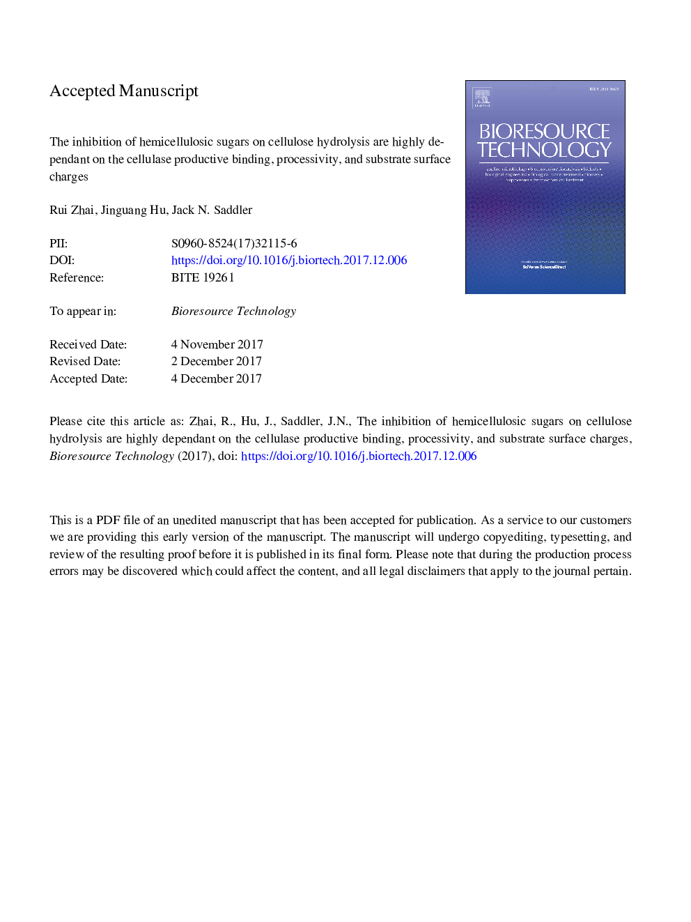 The inhibition of hemicellulosic sugars on cellulose hydrolysis are highly dependant on the cellulase productive binding, processivity, and substrate surface charges