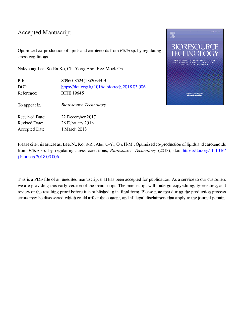 Optimized co-production of lipids and carotenoids from Ettlia sp. by regulating stress conditions