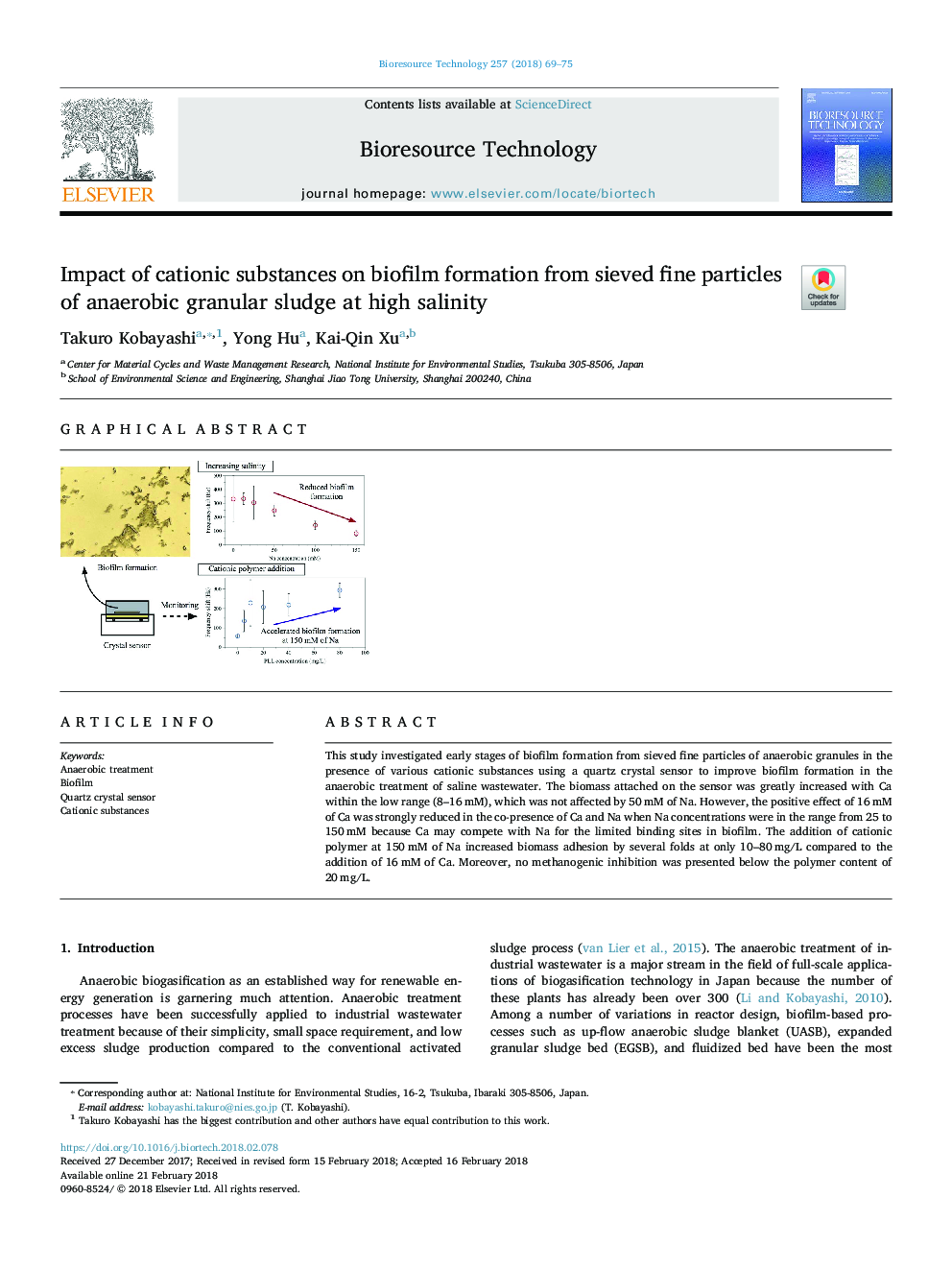 Impact of cationic substances on biofilm formation from sieved fine particles of anaerobic granular sludge at high salinity