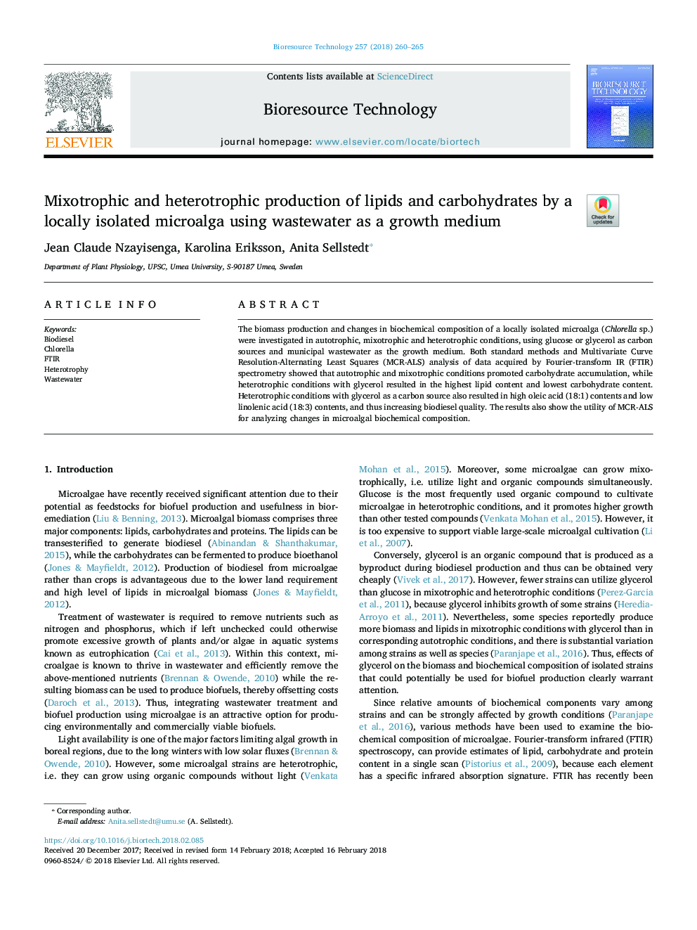 Mixotrophic and heterotrophic production of lipids and carbohydrates by a locally isolated microalga using wastewater as a growth medium