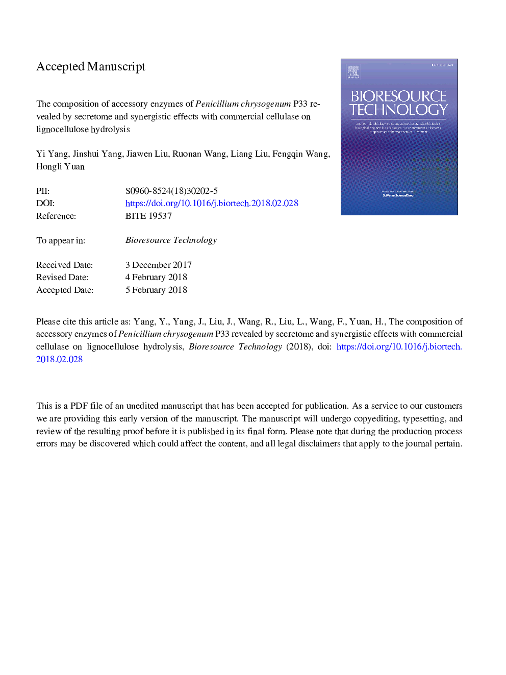 The composition of accessory enzymes of Penicillium chrysogenum P33 revealed by secretome and synergistic effects with commercial cellulase on lignocellulose hydrolysis